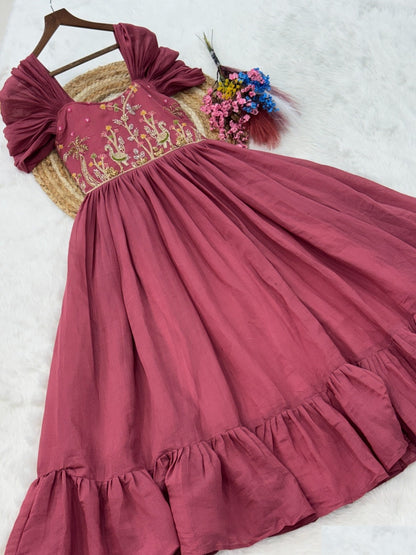Women Dusty Pink Mal Chanderi Floor Length Gown