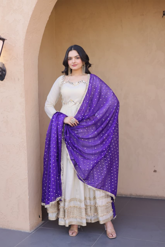 Women White And Purple Cosmos Silk Gown With Dupatta