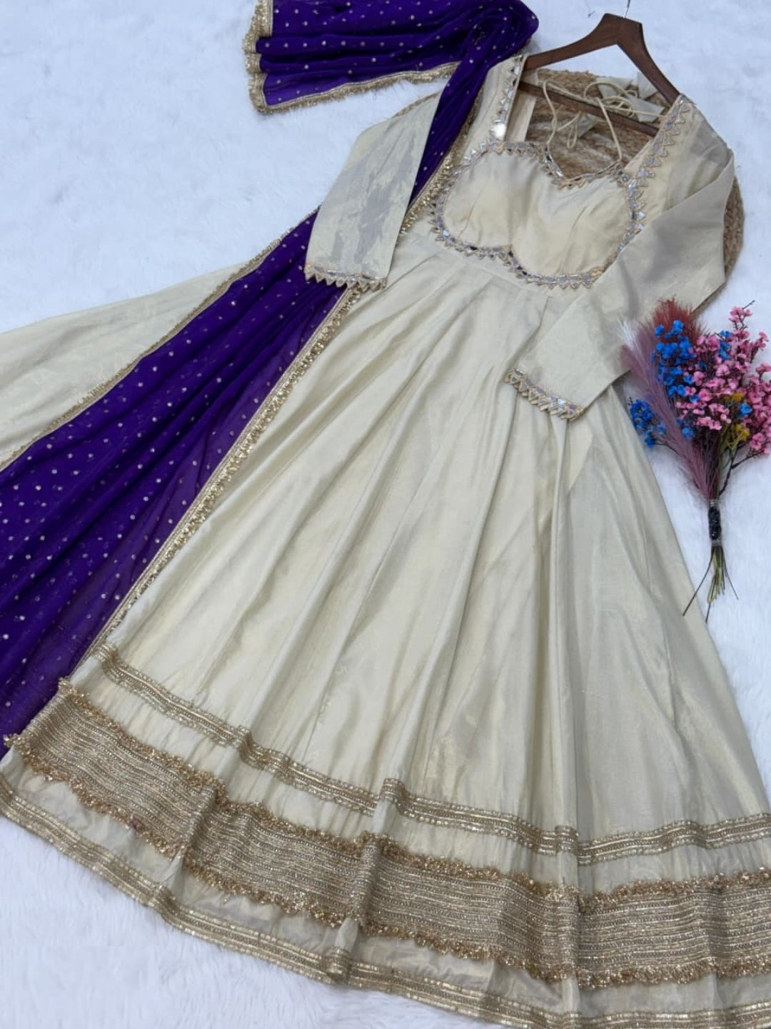 Women White And Purple Cosmos Silk Gown With Dupatta