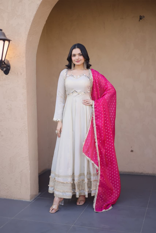 Women White And Pink Cosmos Silk Gown With Dupatta