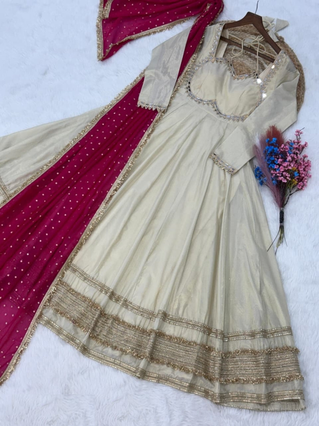 Women White And Pink Cosmos Silk Gown With Dupatta