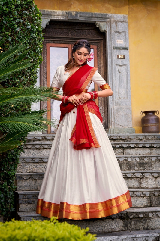Women White And Red Poly Cotton Onam Special Lehenga