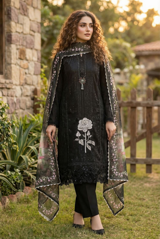 Women Black Roman Silk Pant Bottom Suit Set