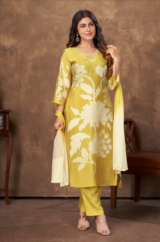 Women Yellow Chanderi Floral Print Suit Set
