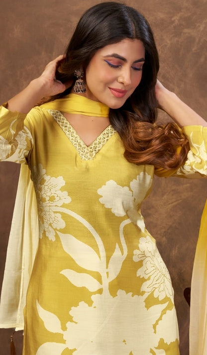 Women Yellow Chanderi Floral Print Suit Set