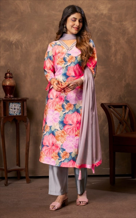 Women Multicolor Chanderi Floral Print Suit Set