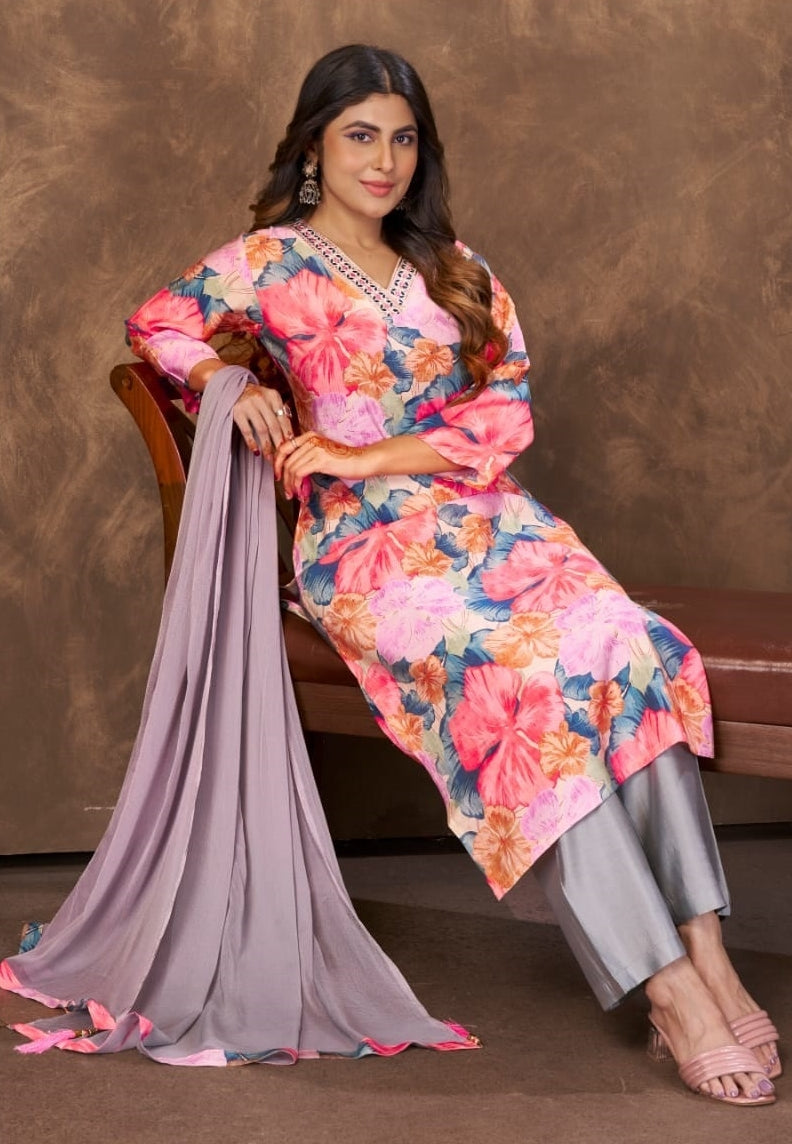 Women Multicolor Chanderi Floral Print Suit Set