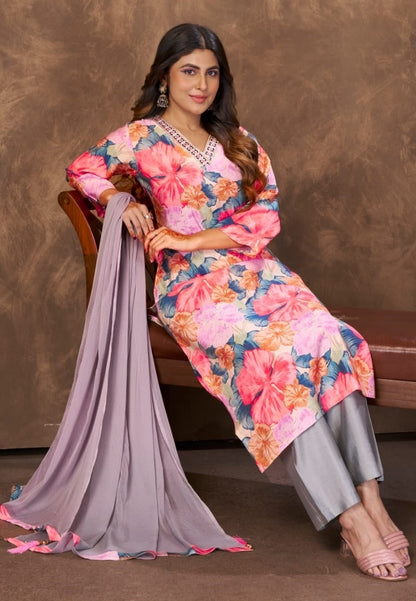 Women Multicolor Chanderi Floral Print Suit Set