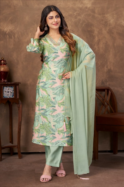 Women Light Green Chanderi Floral Print Suit Set