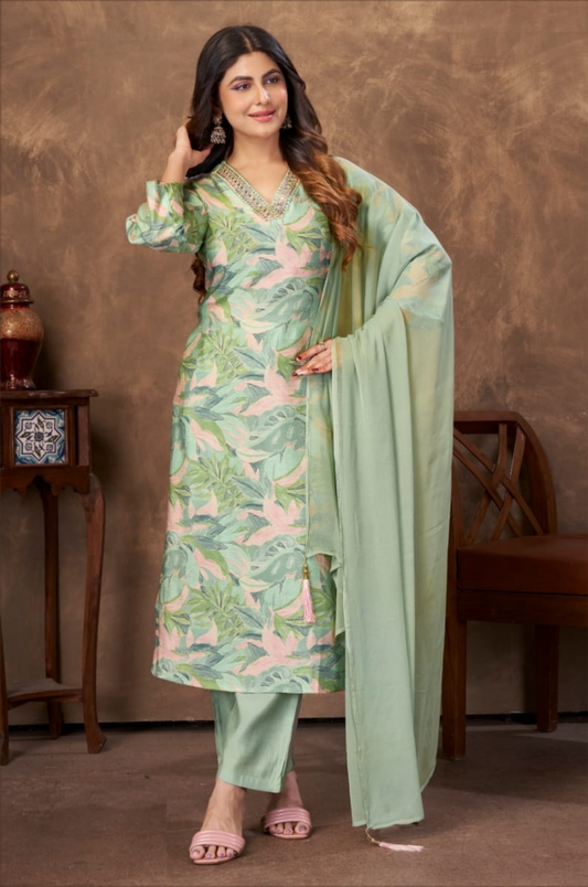 Women Light Green Chanderi Floral Print Suit Set