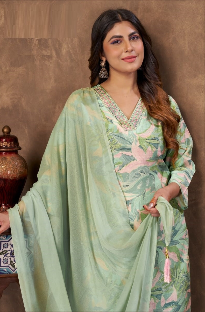 Women Light Green Chanderi Floral Print Suit Set