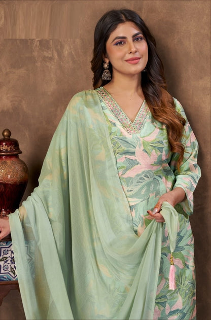 Women Light Green Chanderi Floral Print Suit Set