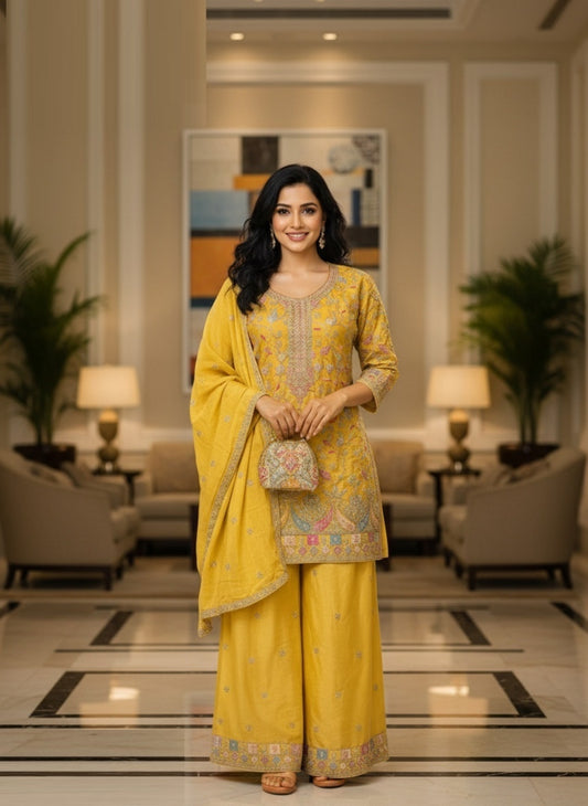 Women Mustard Chinon With Embroidery Work Pant Bottom Suit Set