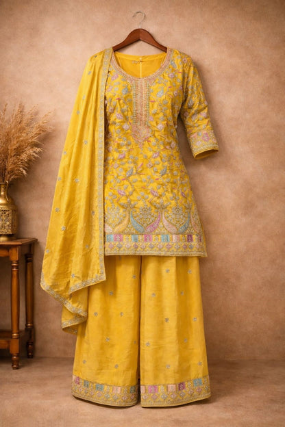 Women Mustard Chinon With Embroidery Work Pant Bottom Suit Set
