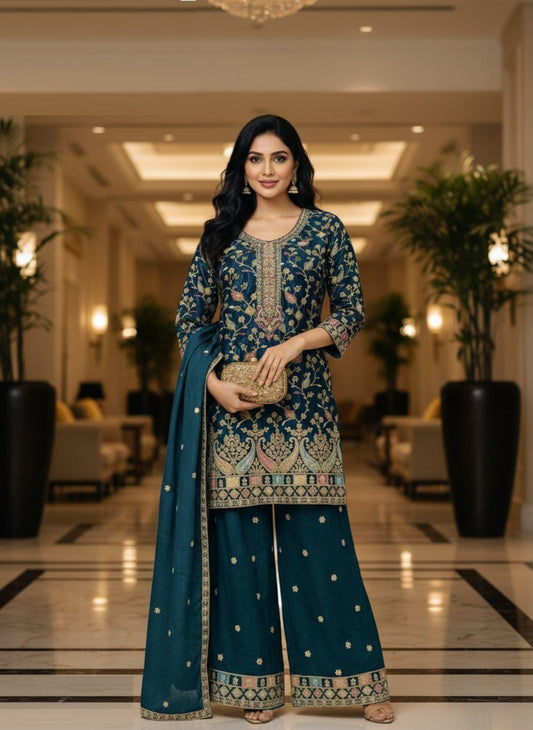 Women Teal Chinon With Embroidery Work Pant Bottom Suit Set