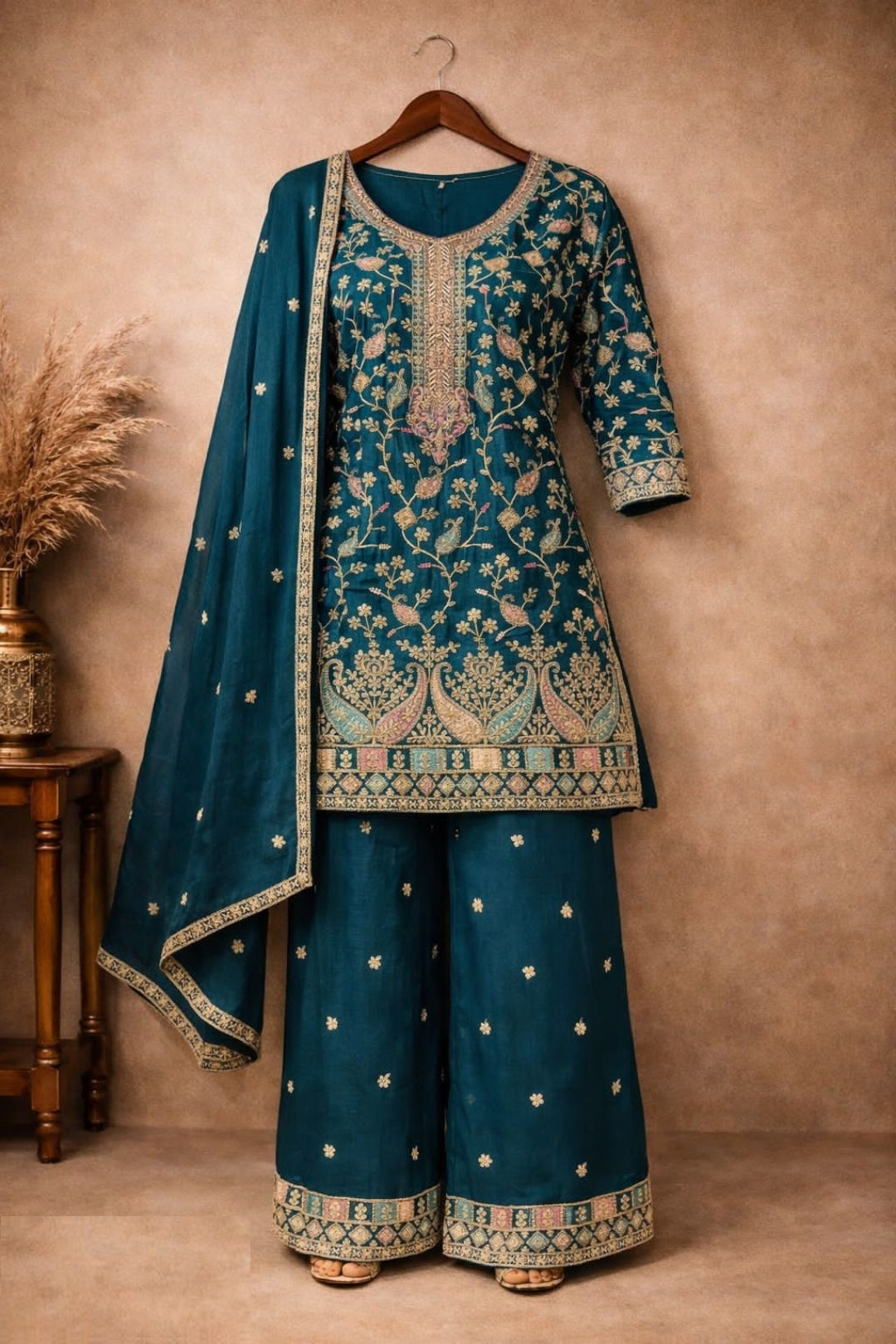 Women Teal Chinon With Embroidery Work Pant Bottom Suit Set