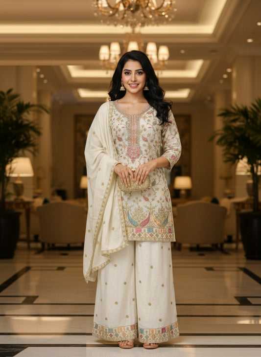 Women White Chinon With Embroidery Work Pant Bottom Suit Set