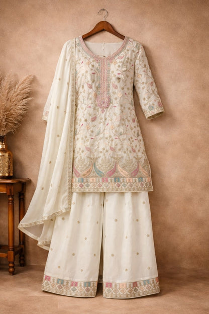 Women White Chinon With Embroidery Work Pant Bottom Suit Set
