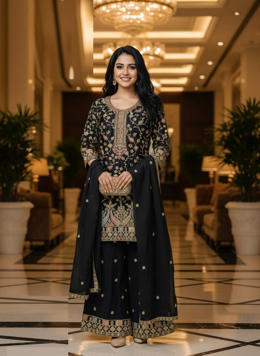 Women Black Chinon With Embroidery Work Pant Bottom Suit Set