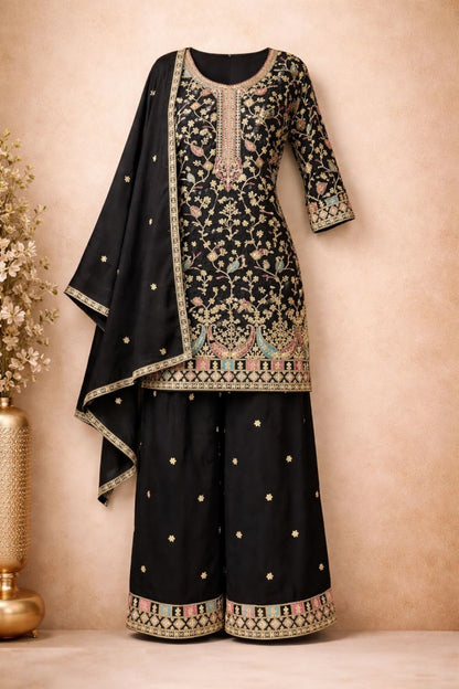 Women Black Chinon With Embroidery Work Pant Bottom Suit Set