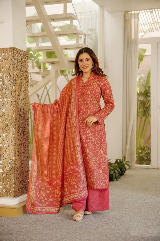 Women Pink Cambric Cotton Pant Bottom Suit Set