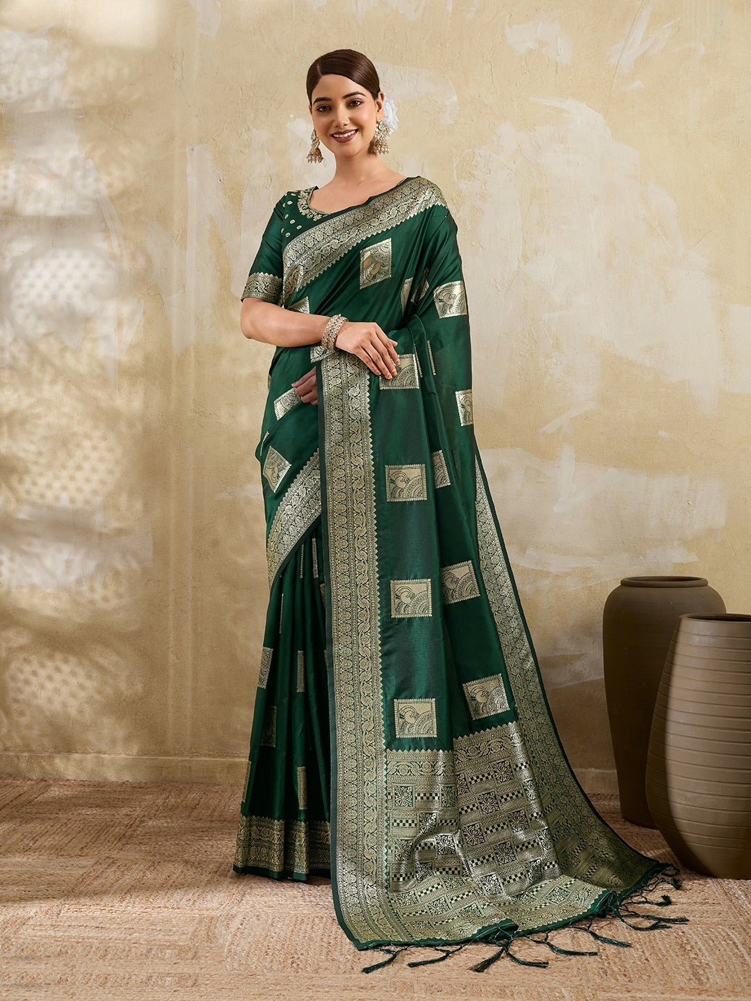 Women Bottle Green Silk Blend Desi Saree