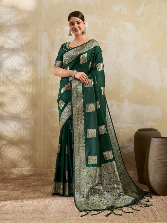 Women Bottle Green Silk Blend Desi Saree