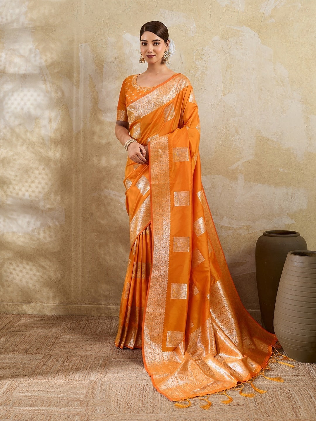 Women Orange Silk Blend Desi Saree