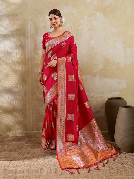 Women Red Silk Blend Desi Saree
