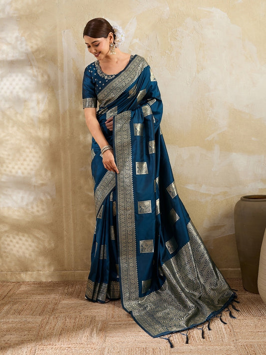 Women Navy Blue Silk Blend Desi Saree