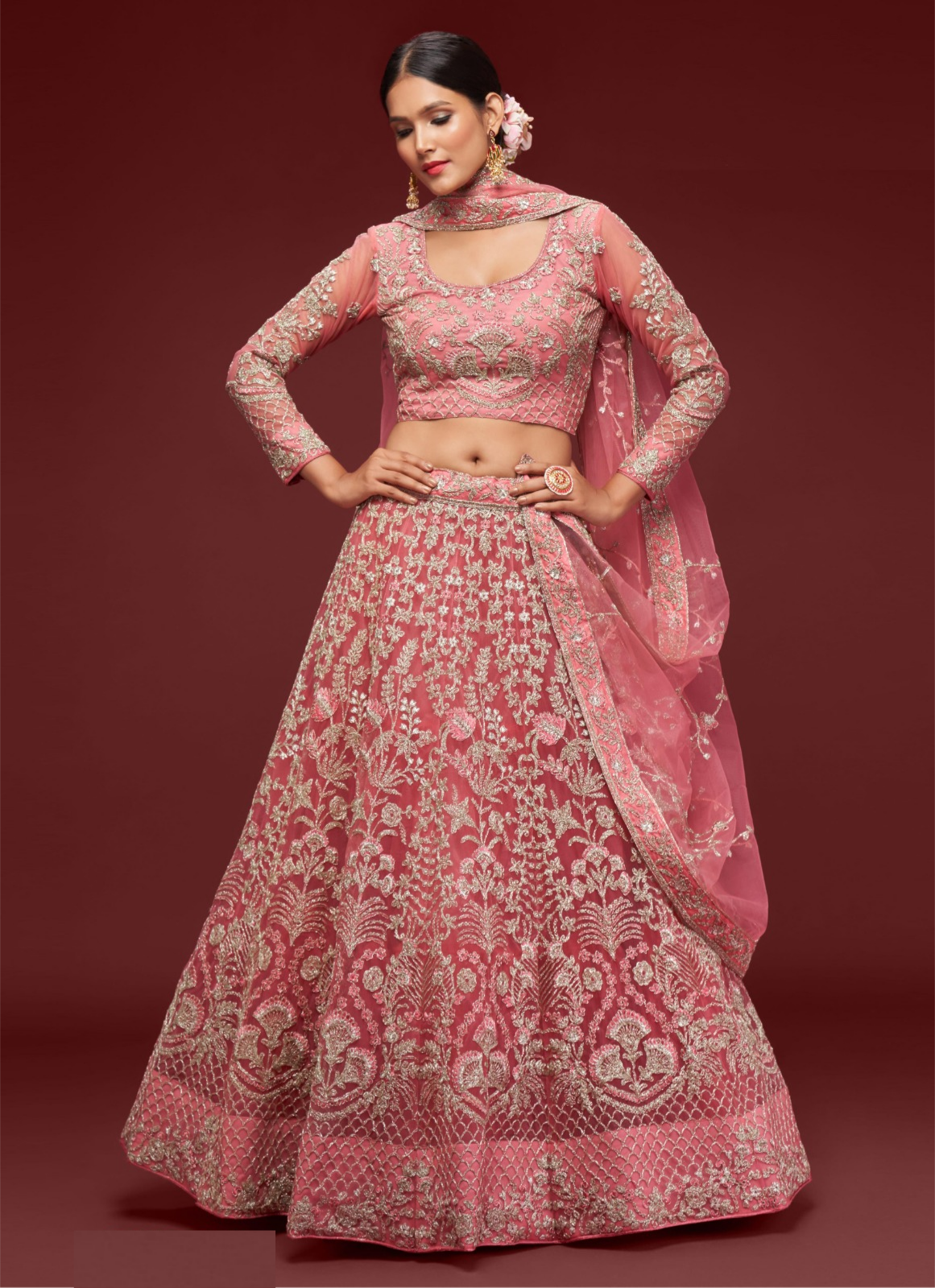 Luxurious Pink Soft Net Thread Zari Embroidery Work Reception Lehenga