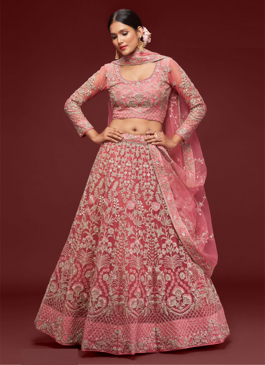Luxurious Pink Soft Net Thread Zari Embroidery Work Reception Lehenga