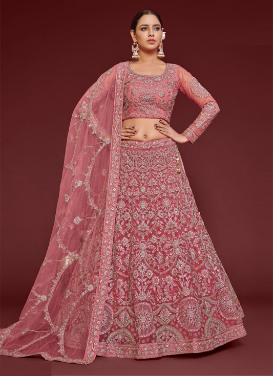 Opulent Pink Soft Net Thread Zari Embroidery Work Reception Lehenga