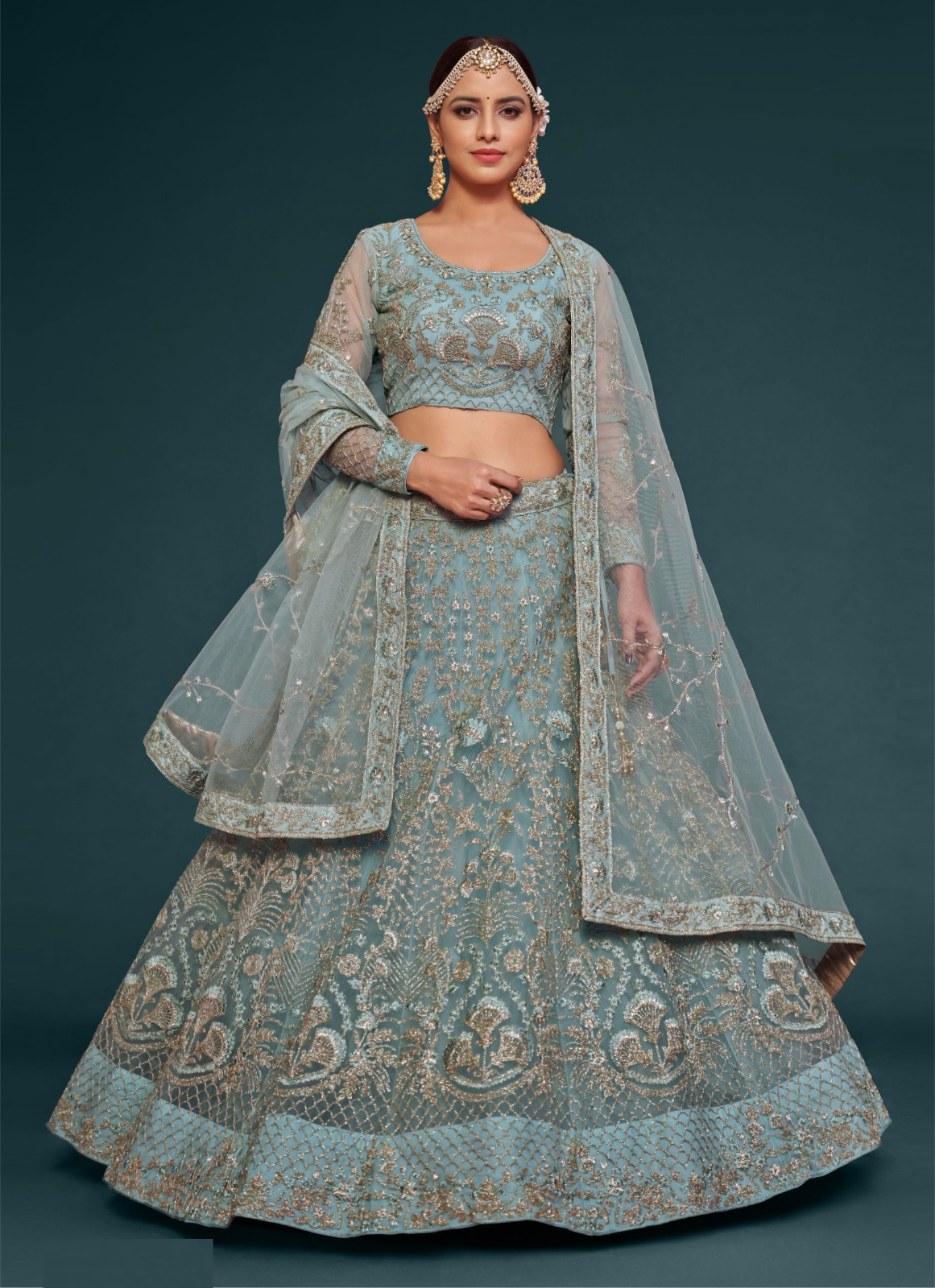 Graceful Blue Soft Net Thread Zari Embroidery Work Reception Lehenga