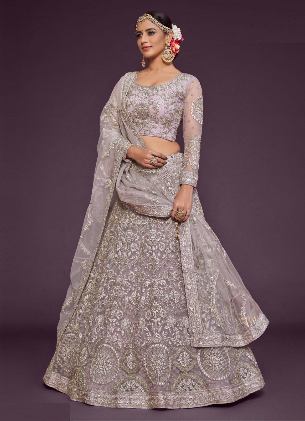 Trendy Grey Soft Net Thread Zari Embroidery Work Reception Lehenga