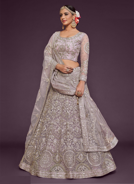 Trendy Grey Soft Net Thread Zari Embroidery Work Reception Lehenga