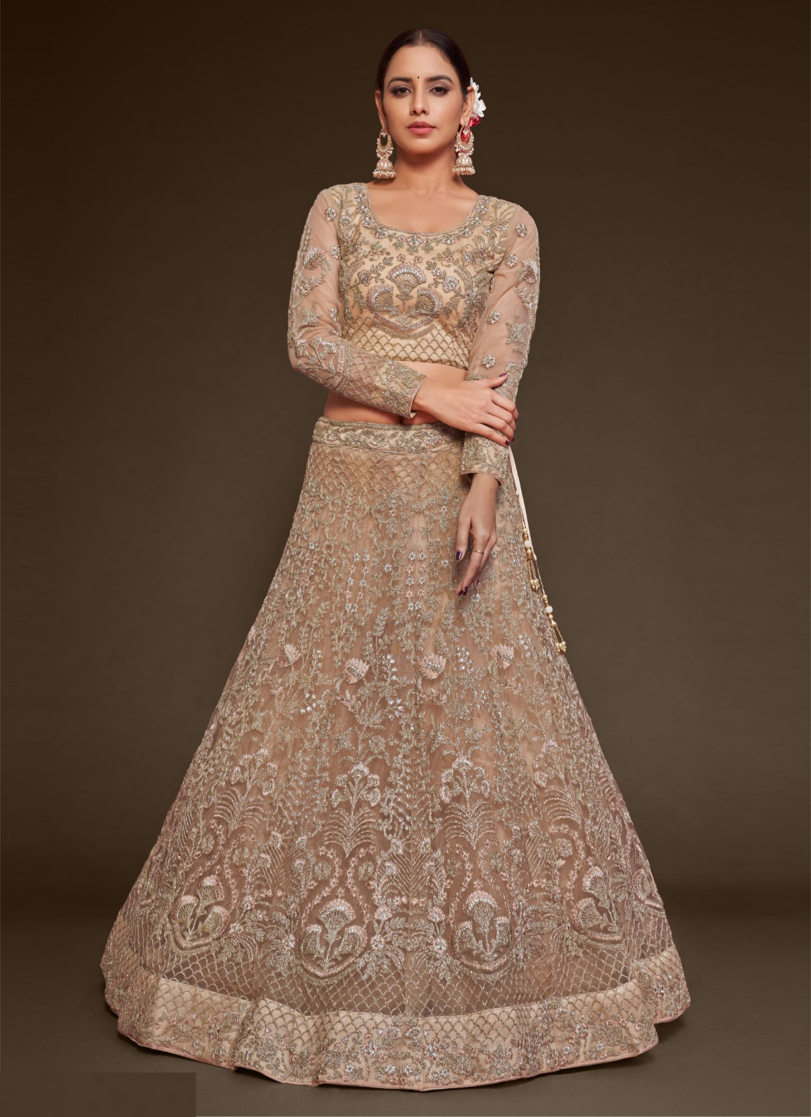 Dazzling Light Peach Soft Net Thread Zari Embroidery Work Reception Lehenga