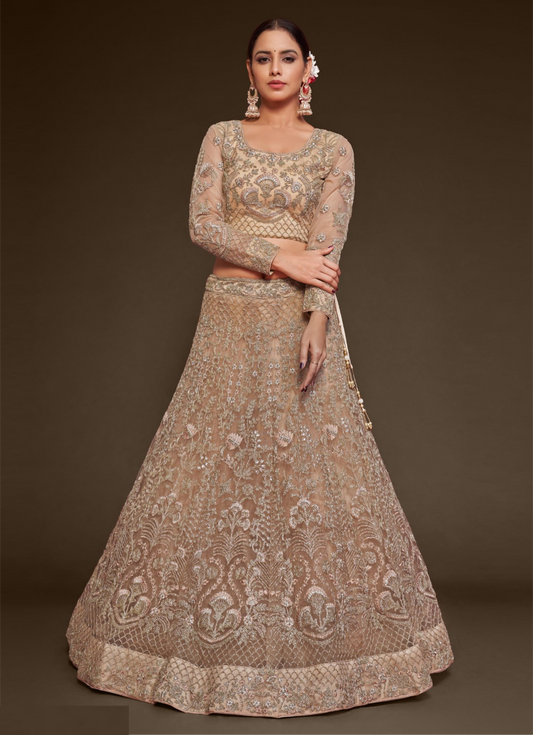 Dazzling Light Peach Soft Net Thread Zari Embroidery Work Reception Lehenga