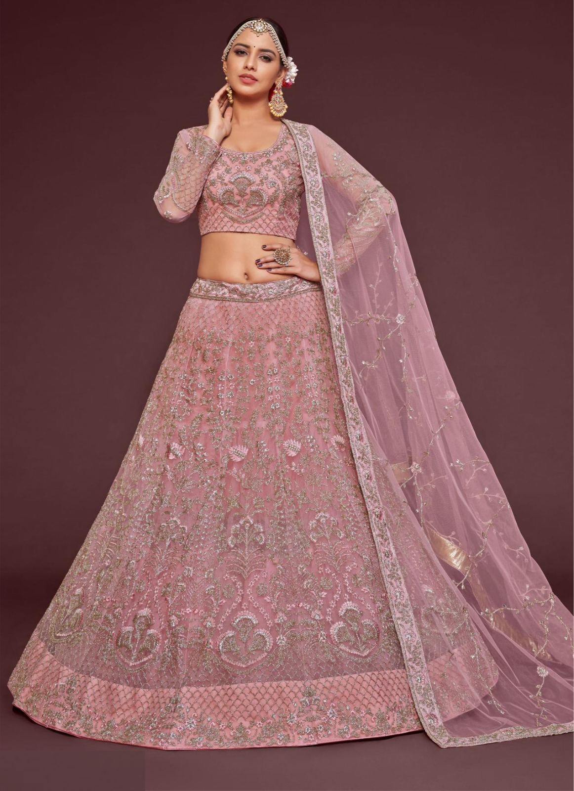 Flawless Powder Pink Soft Net Thread Zari Embroidery Work Reception Lehenga