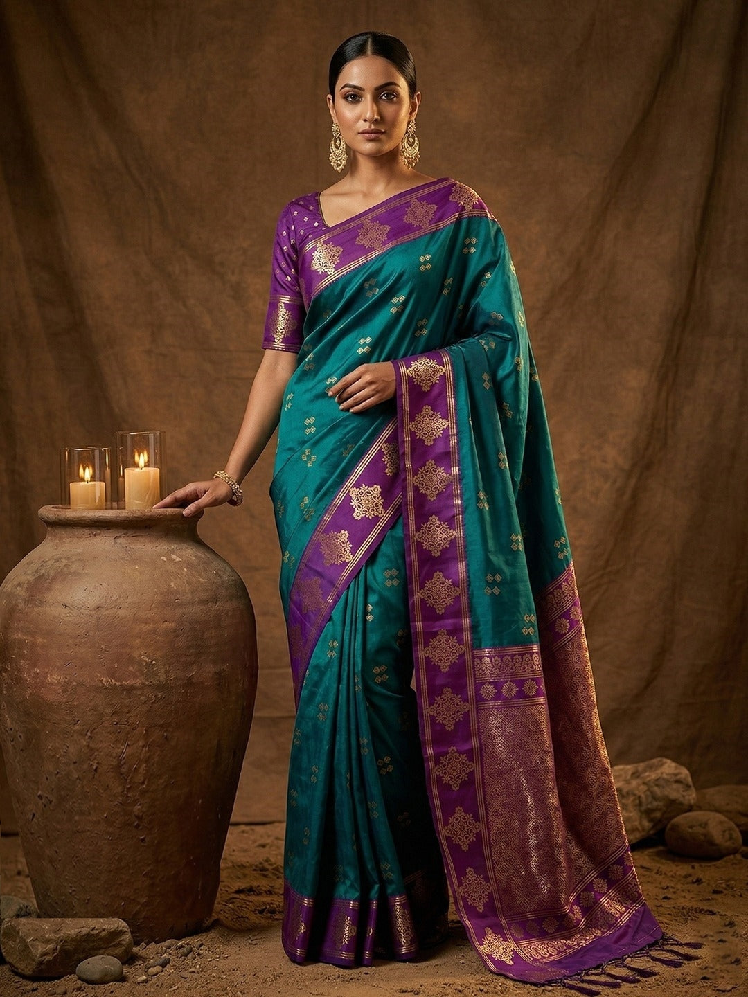 Women Teal And Purple Silk Traditional Saree
