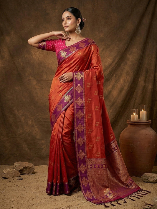 Women Rust And Pink Silk Traditional Saree
