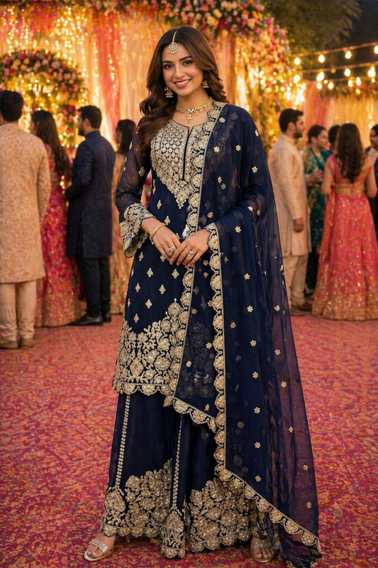 Classy Navy Blue Georgette Sharara Bottom Suit Set
