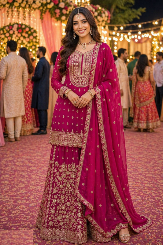 Stylish Pink Georgette Sharara Bottom Suit Set