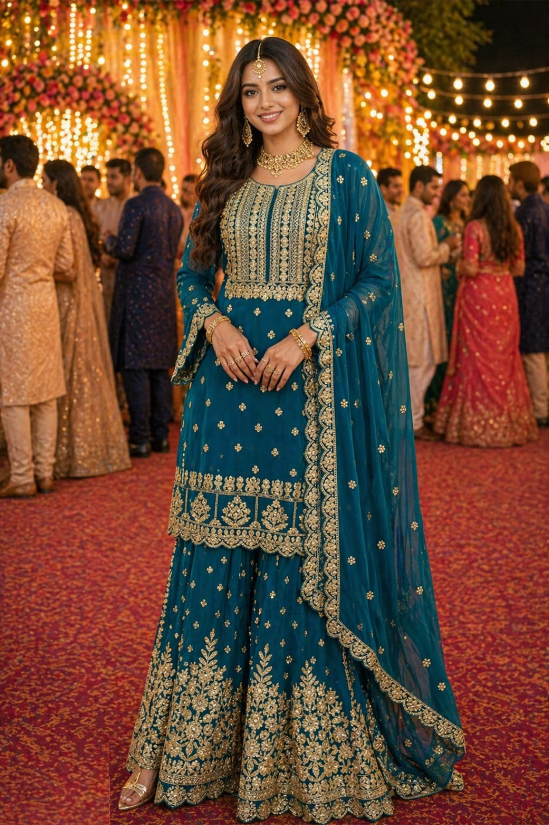 Sleek Teal Georgette Sharara Bottom Suit Set