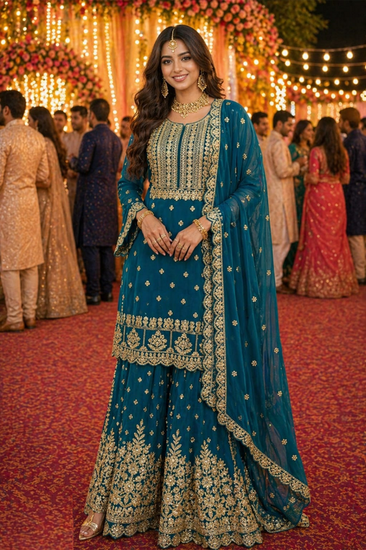Sleek Teal Georgette Sharara Bottom Suit Set