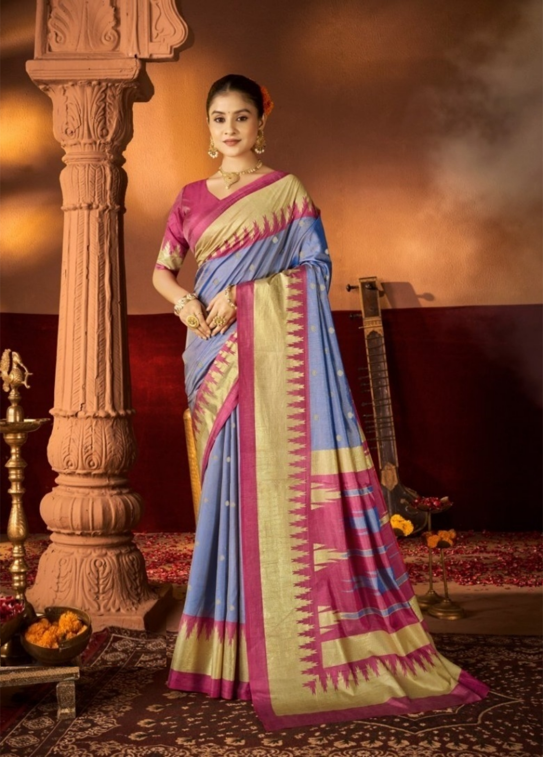 Women Blue And Pink Silk Soft Silk Saree