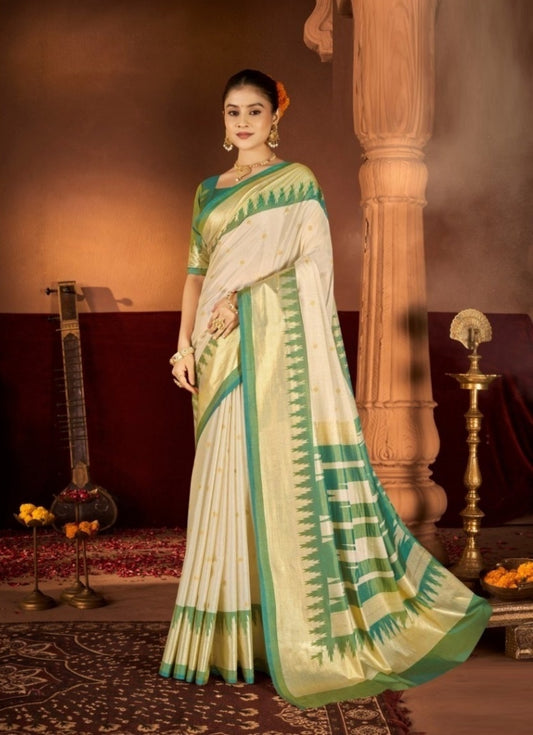Women Cream And Green Silk Soft Silk Saree