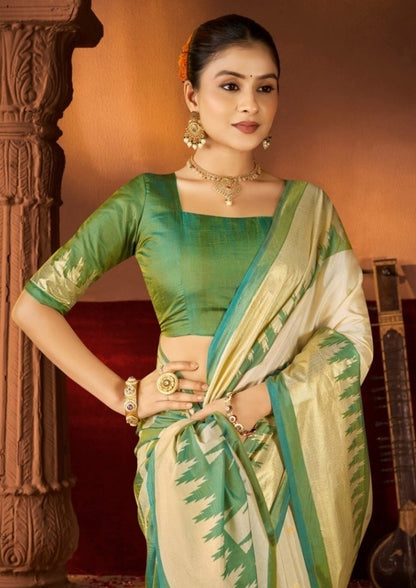 Women Cream And Green Silk Soft Silk Saree