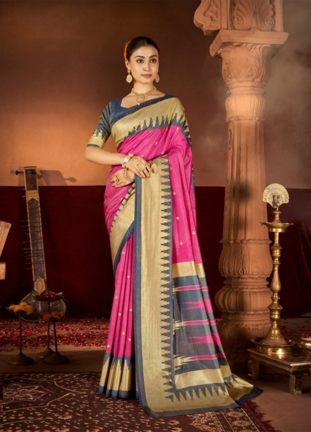 Women Pink And Grey Silk Soft Silk Saree