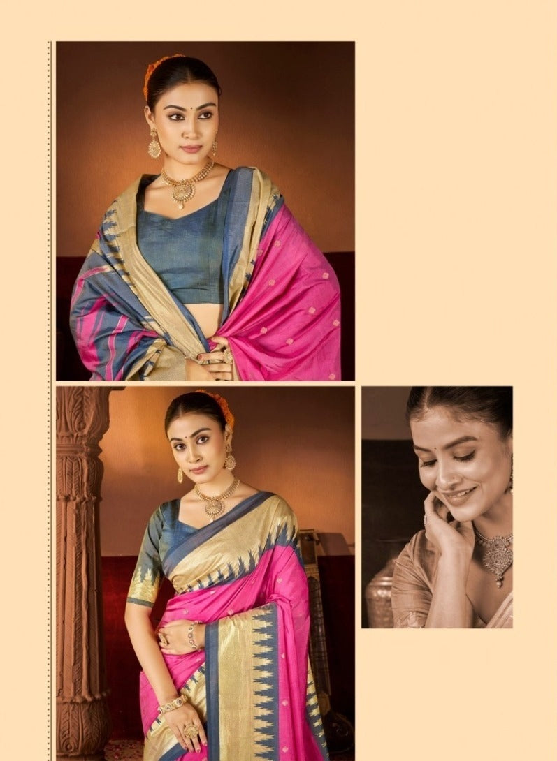 Women Pink And Grey Silk Soft Silk Saree
